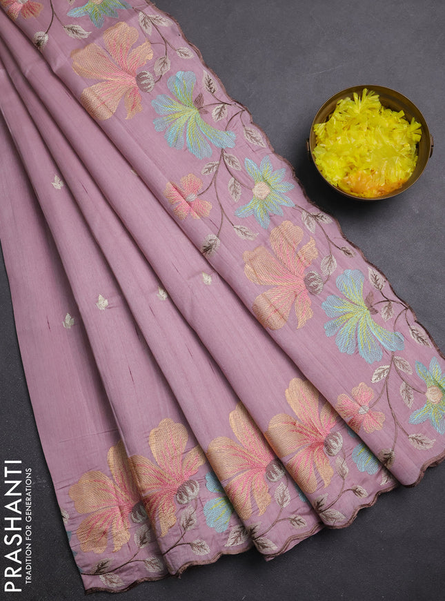 Semi raw silk saree pastel pink with embroidery buttas and embriodery border