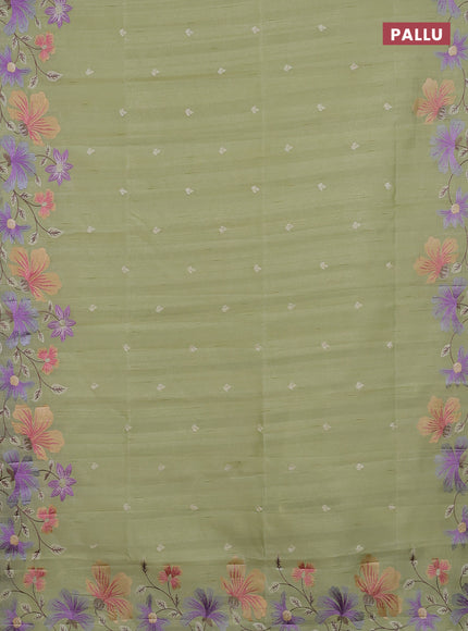Semi raw silk saree pista green with embroidery buttas and embriodery border