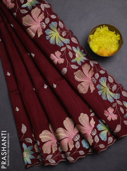 Semi raw silk saree deep maroon with embroidery buttas and embriodery border