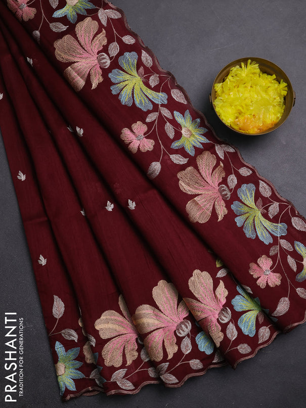Semi raw silk saree deep maroon with embroidery buttas and embriodery border