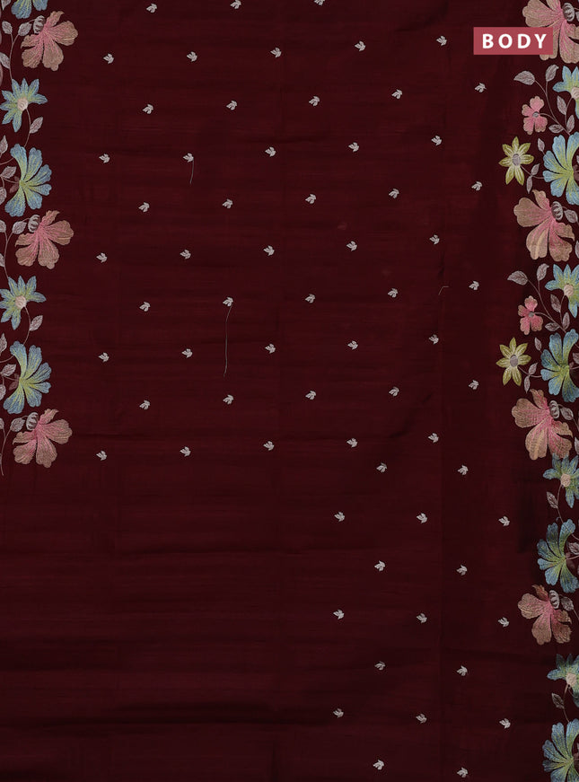 Semi raw silk saree deep maroon with embroidery buttas and embriodery border