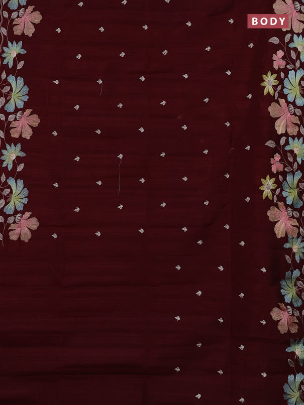 Semi raw silk saree deep maroon with embroidery buttas and embriodery border