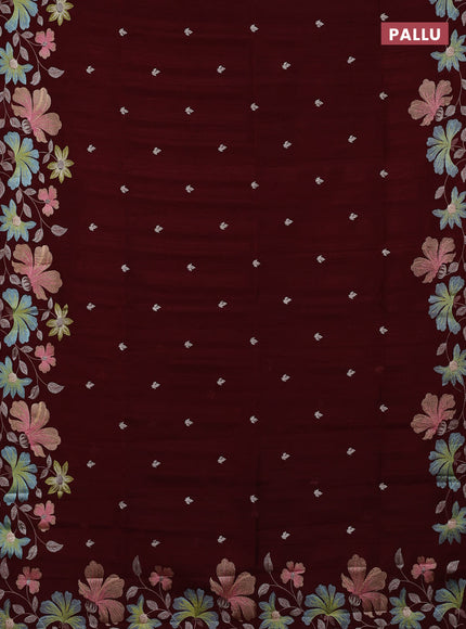 Semi raw silk saree deep maroon with embroidery buttas and embriodery border