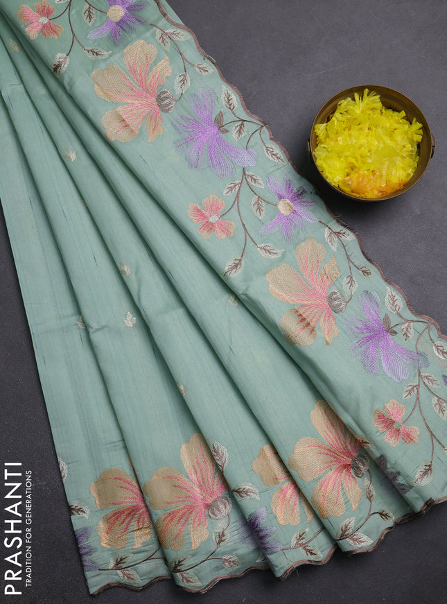 Semi raw silk saree pastel green with embroidery buttas and embriodery border