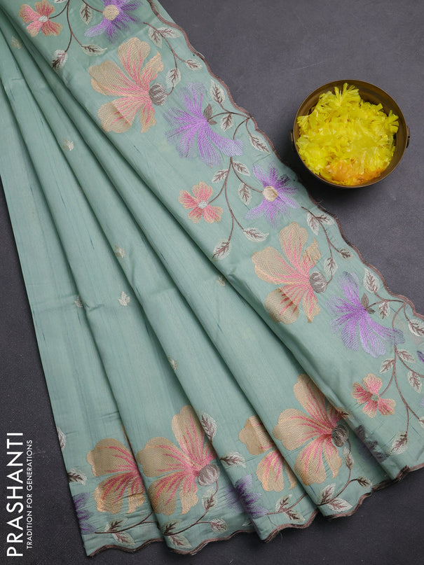 Semi raw silk saree pastel green with embroidery buttas and embriodery border