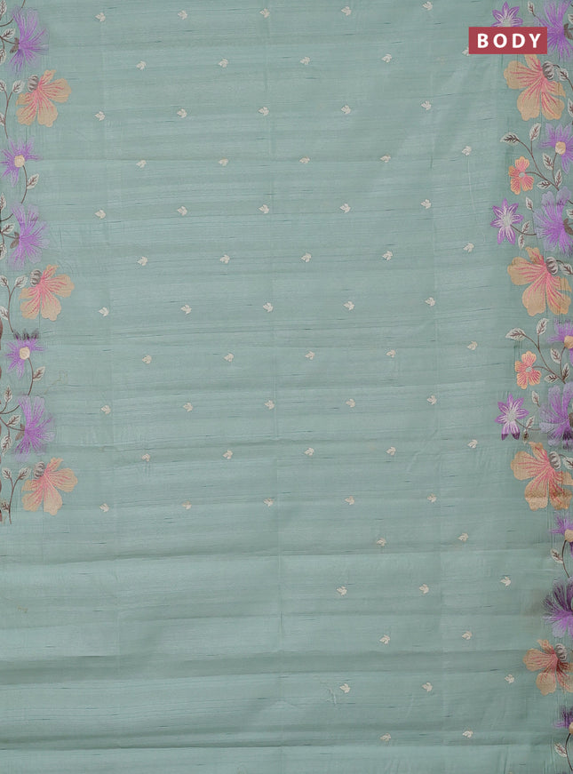 Semi raw silk saree pastel green with embroidery buttas and embriodery border