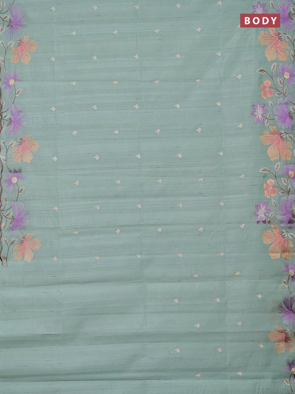 Semi raw silk saree pastel green with embroidery buttas and embriodery border