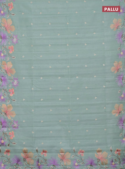 Semi raw silk saree pastel green with embroidery buttas and embriodery border