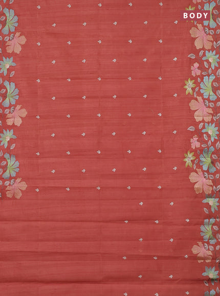 Semi raw silk saree rust shade with embroidery buttas and embriodery border