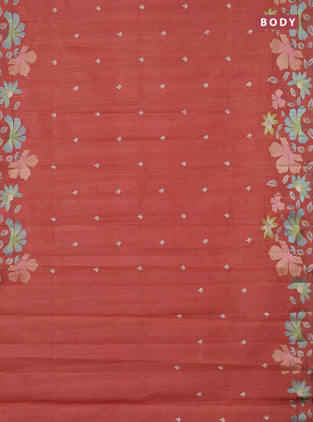 Semi raw silk saree rust shade with embroidery buttas and embriodery border