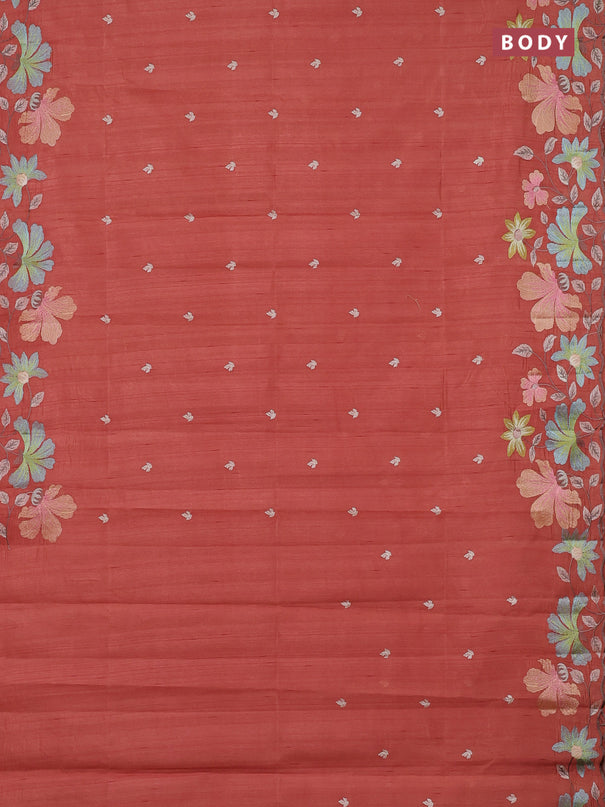 Semi raw silk saree rust shade with embroidery buttas and embriodery border