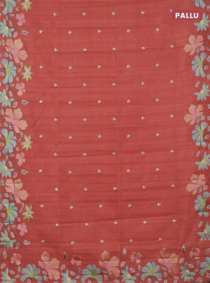 Semi raw silk saree rust shade with embroidery buttas and embriodery border
