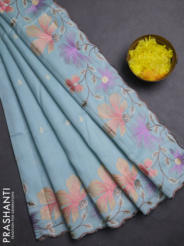 Semi raw silk saree pastel blue with embroidery buttas and embriodery border