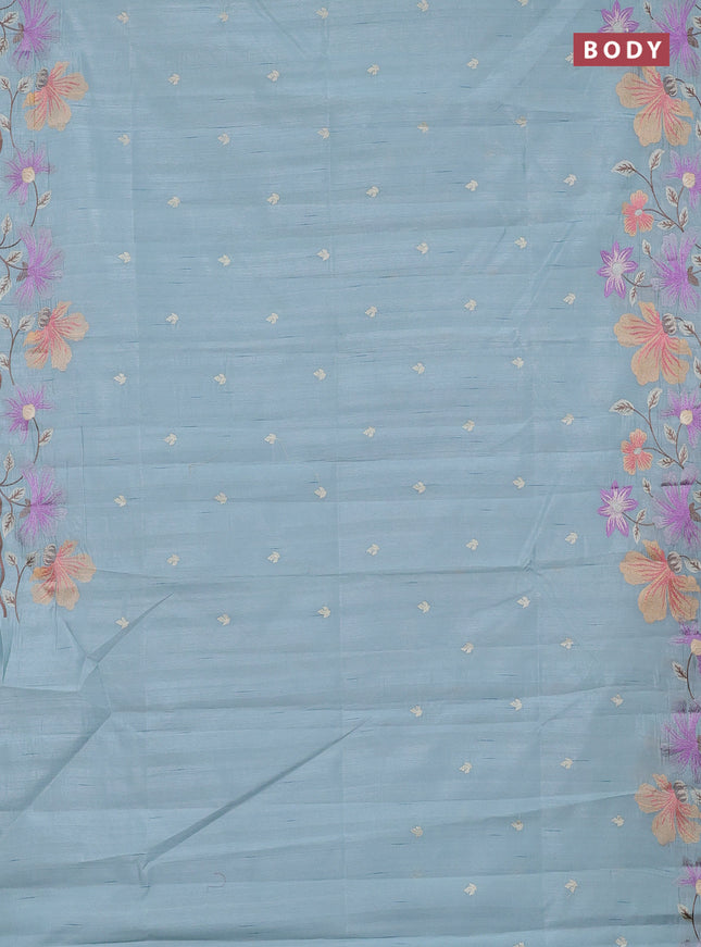 Semi raw silk saree pastel blue with embroidery buttas and embriodery border