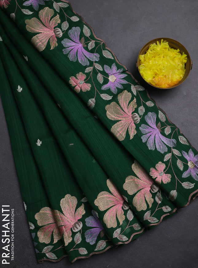 Semi raw silk saree bottle green with embroidery buttas and embriodery border