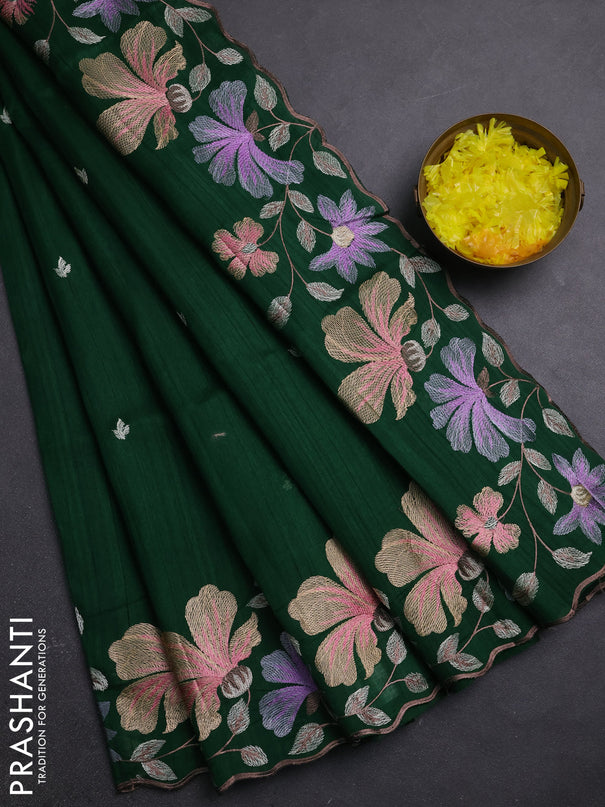 Semi raw silk saree bottle green with embroidery buttas and embriodery border