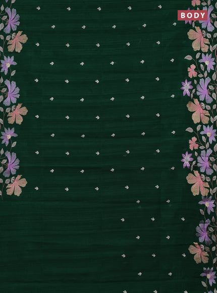 Semi raw silk saree bottle green with embroidery buttas and embriodery border