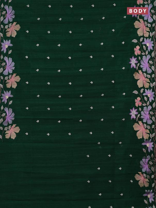 Semi raw silk saree bottle green with embroidery buttas and embriodery border