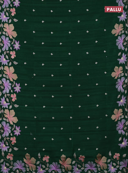 Semi raw silk saree bottle green with embroidery buttas and embriodery border