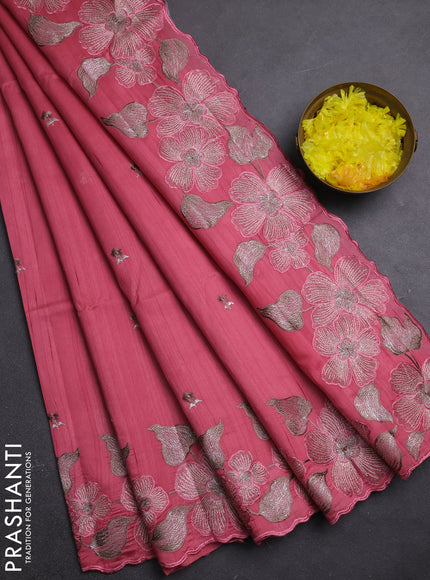 Semi raw silk saree peach pink with embroidery buttas and embriodery border