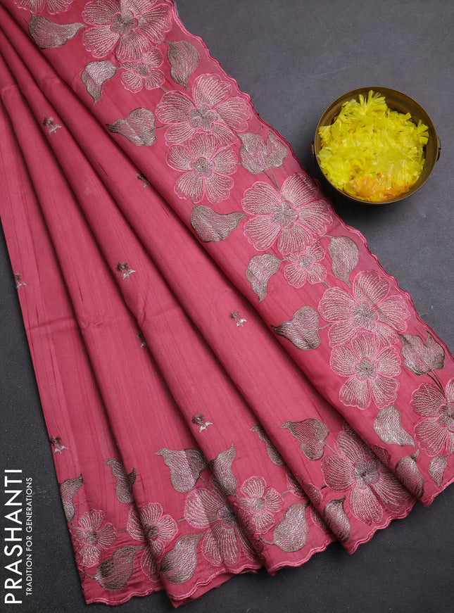 Semi raw silk saree peach pink with embroidery buttas and embriodery border