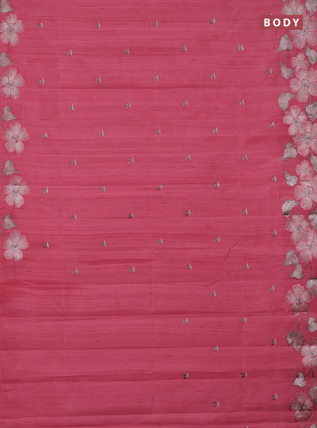 Semi raw silk saree peach pink with embroidery buttas and embriodery border