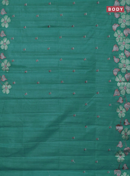Semi raw silk saree teal blue shade with embroidery buttas and embriodery border