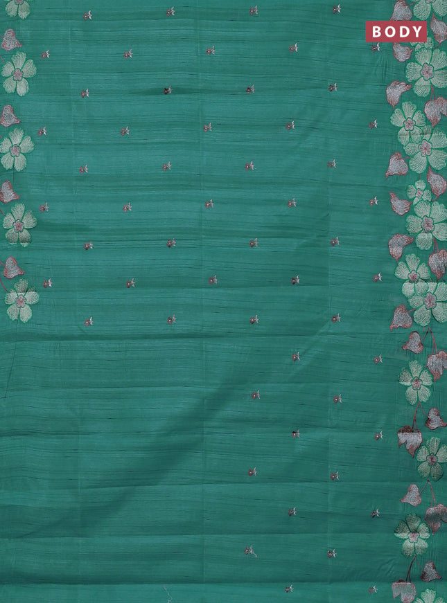 Semi raw silk saree teal blue shade with embroidery buttas and embriodery border
