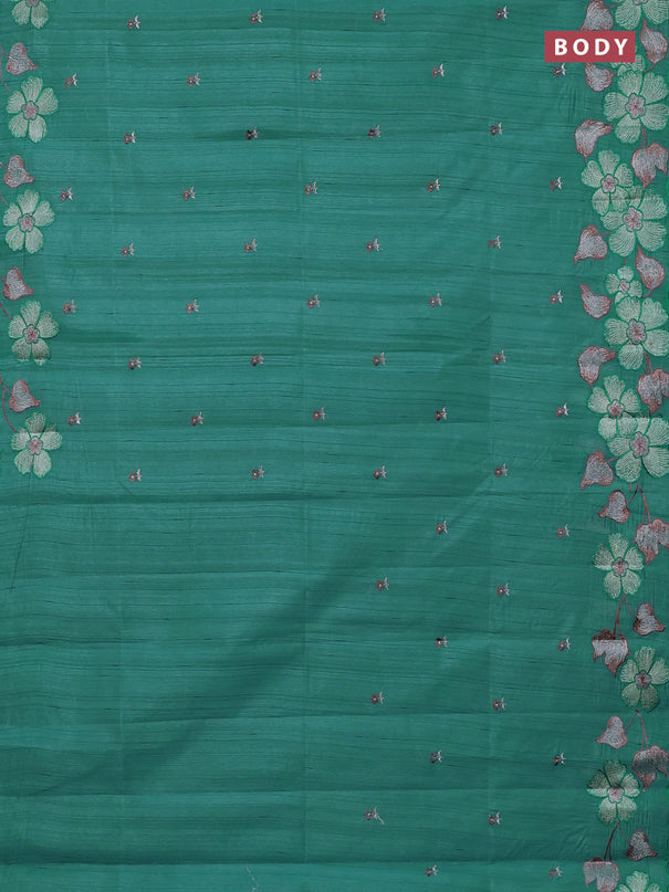 Semi raw silk saree teal blue shade with embroidery buttas and embriodery border