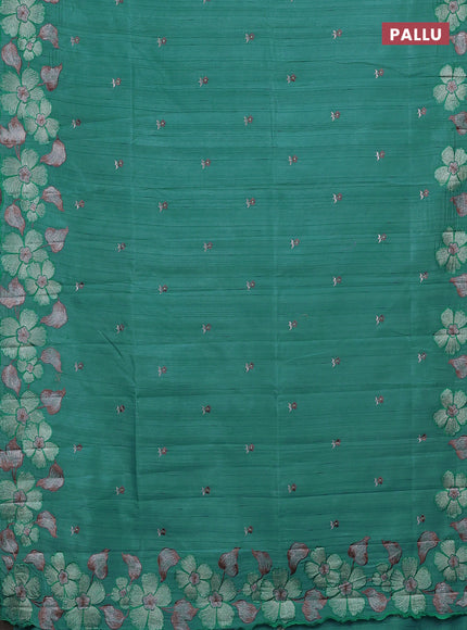Semi raw silk saree teal blue shade with embroidery buttas and embriodery border