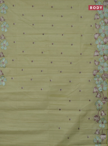 Semi raw silk saree pista green with embroidery buttas and embriodery border