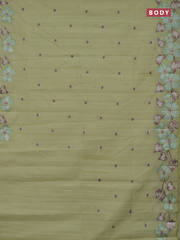 Semi raw silk saree pista green with embroidery buttas and embriodery border