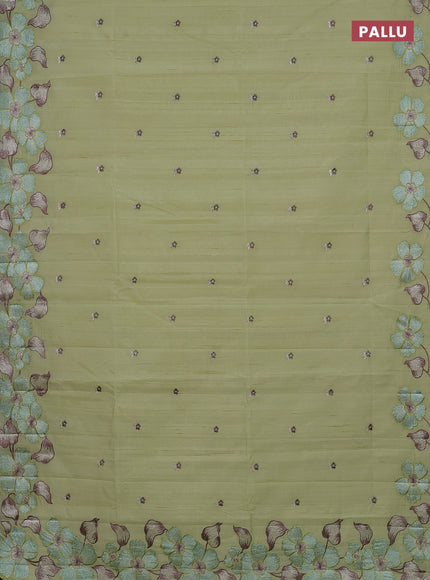 Semi raw silk saree pista green with embroidery buttas and embriodery border