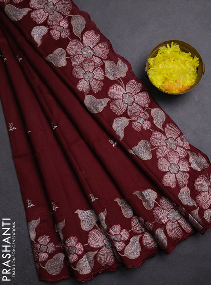 Semi raw silk saree deep maroon with embroidery buttas and embriodery border