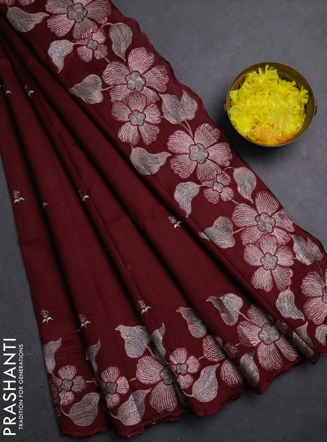 Semi raw silk saree deep maroon with embroidery buttas and embriodery border