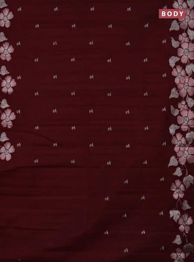 Semi raw silk saree deep maroon with embroidery buttas and embriodery border