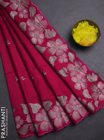 Semi raw silk saree dark pink with embroidery buttas and embriodery border