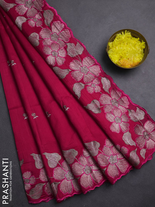 Semi raw silk saree dark pink with embroidery buttas and embriodery border