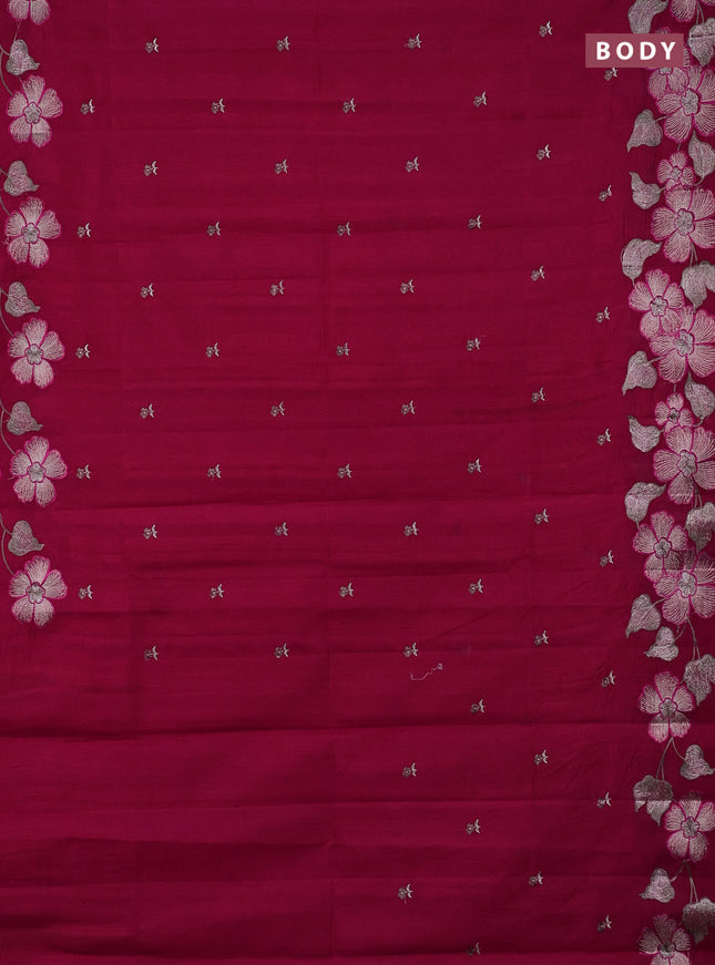Semi raw silk saree dark pink with embroidery buttas and embriodery border