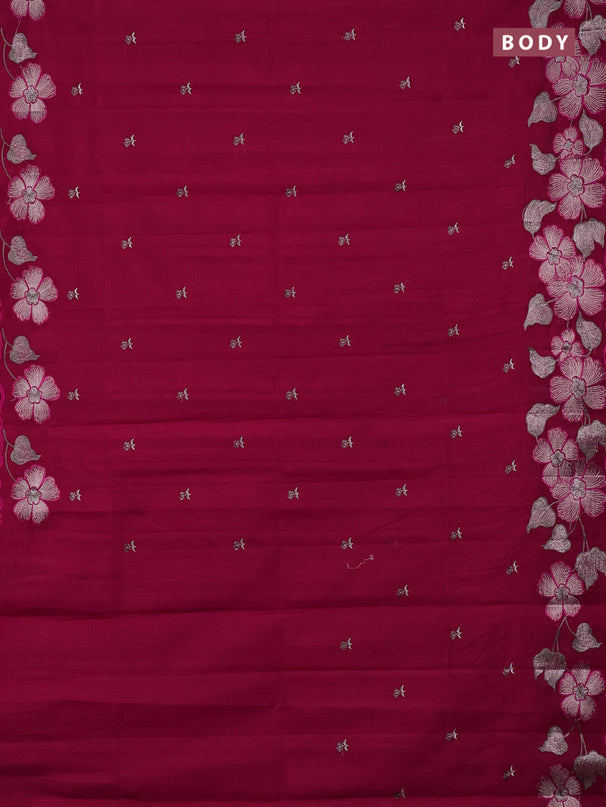 Semi raw silk saree dark pink with embroidery buttas and embriodery border