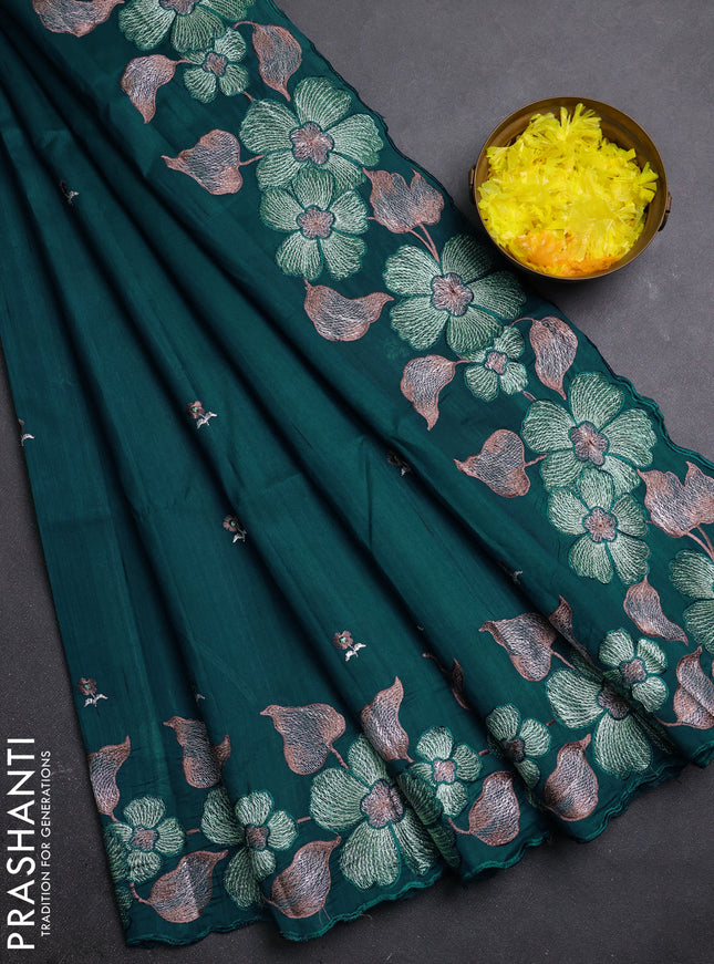 Semi raw silk saree peacock blue with embroidery buttas and embriodery border
