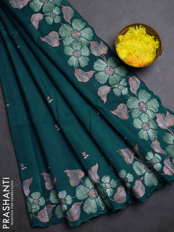 Semi raw silk saree peacock blue with embroidery buttas and embriodery border