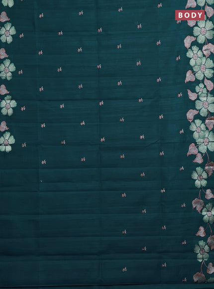 Semi raw silk saree peacock blue with embroidery buttas and embriodery border