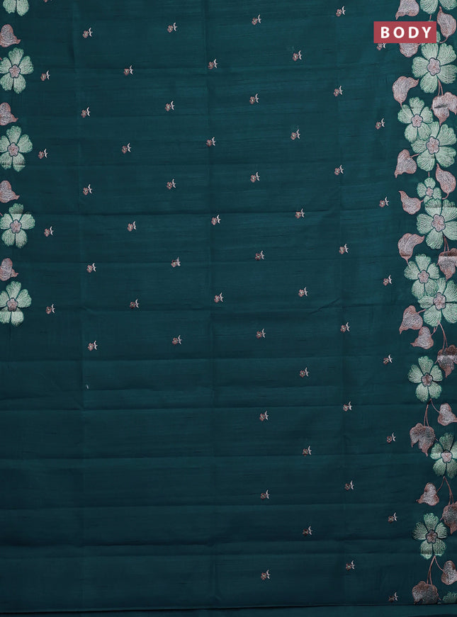 Semi raw silk saree peacock blue with embroidery buttas and embriodery border