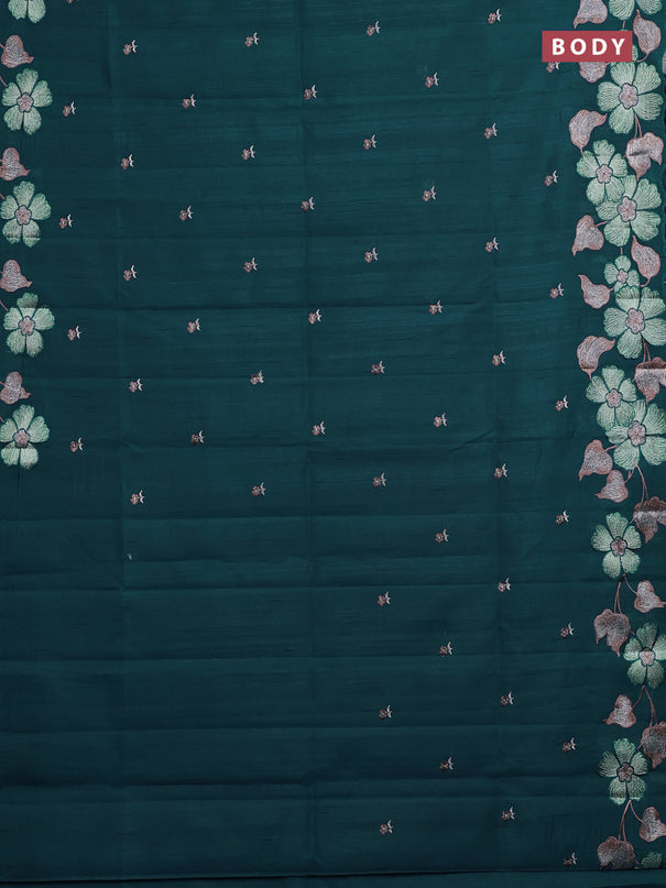 Semi raw silk saree peacock blue with embroidery buttas and embriodery border