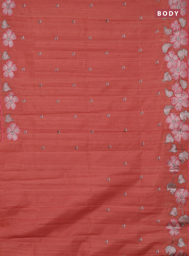 Semi raw silk saree rust shade with embroidery buttas and embriodery border