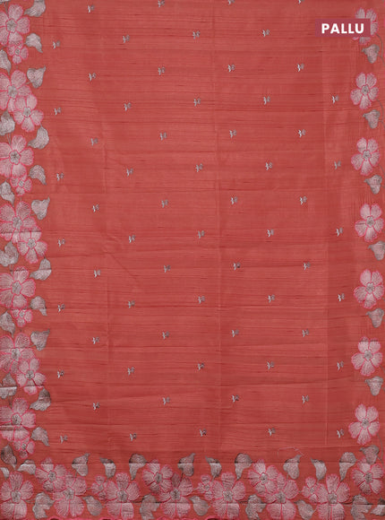 Semi raw silk saree rust shade with embroidery buttas and embriodery border