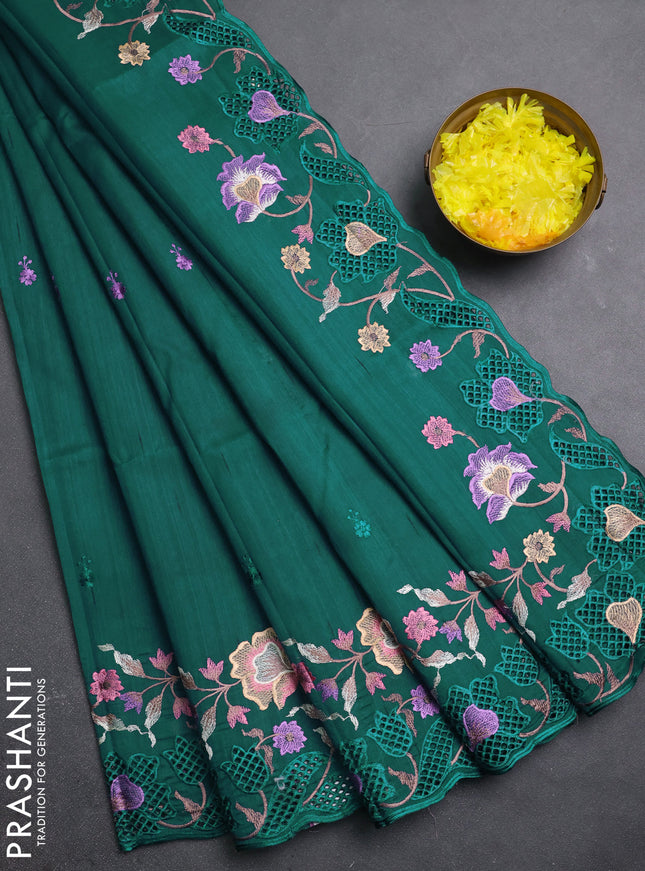 Semi raw silk saree peacock green with embroidery buttas and embriodery border