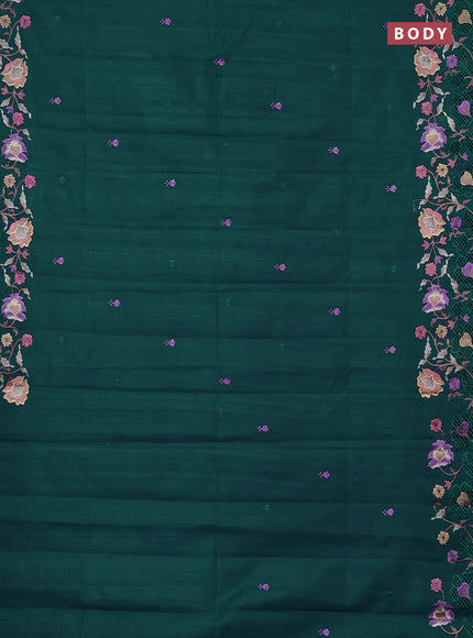 Semi raw silk saree peacock green with embroidery buttas and embriodery border