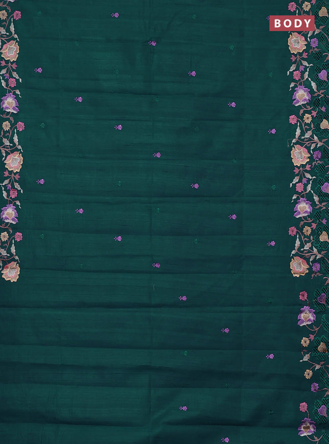 Semi raw silk saree peacock green with embroidery buttas and embriodery border